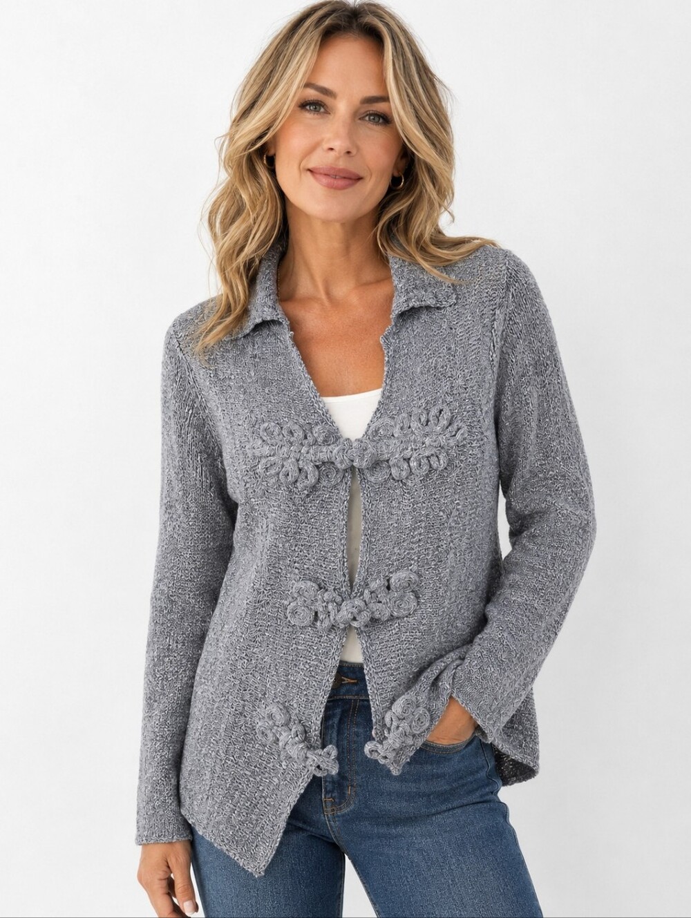 Coldwater Creek Gray Cardigan Sweater Textured Floral Rosette Frog Closure SZ 14